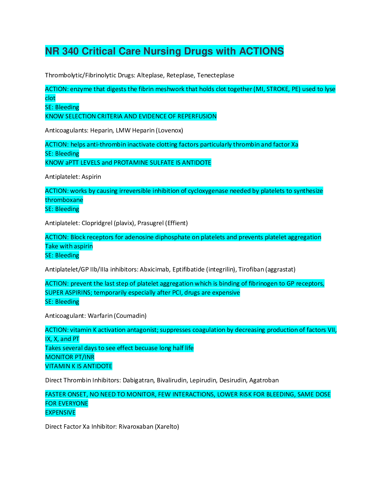 Preview of NR 340 Critical Care Nursing Drugs with ACTIONS (Latest  )